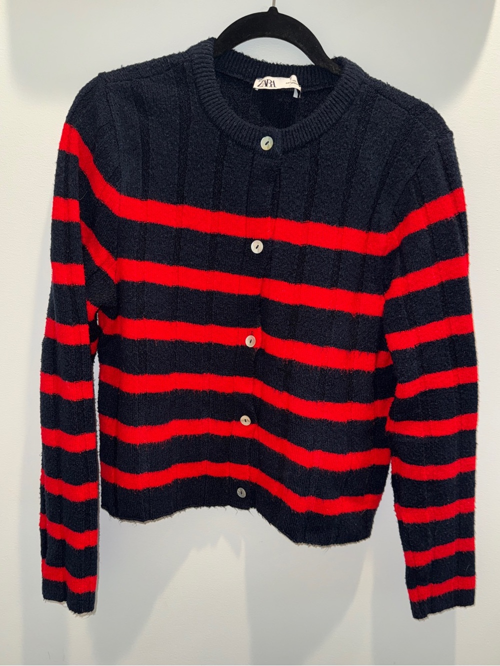 Zara Navy and Red Striped Button-Up Cardigan